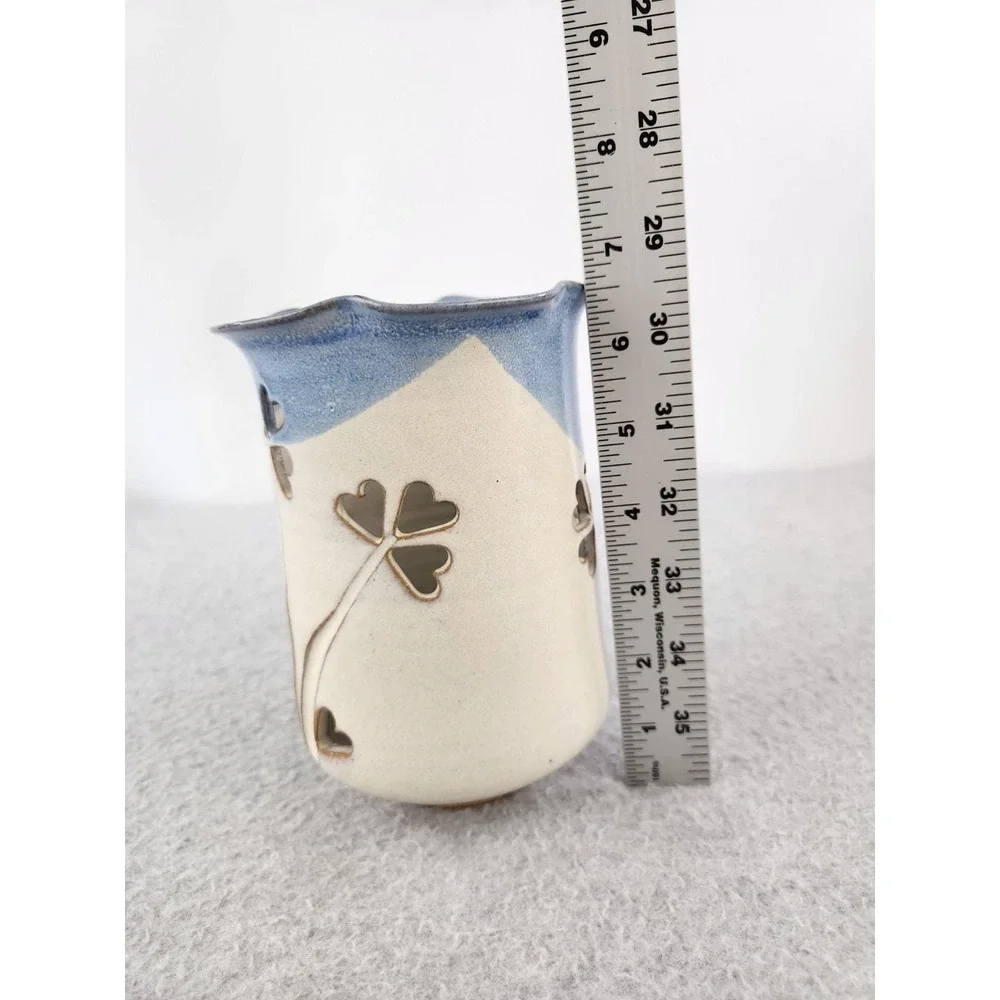 Vtg Welsh Art‎ Pottery Candle Vase Pillar Gray Davis Heart Flowers Clovers 1983